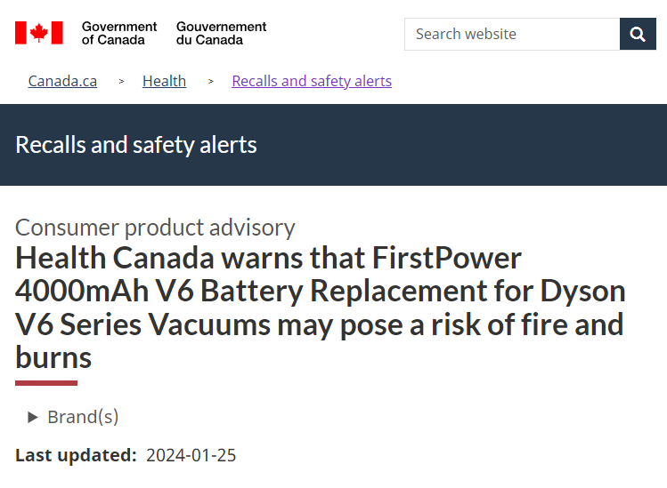 Health Canada warns that FirstPower 4000mAh V6 Battery Replacement for Dyson  V6 Series Vacuums may pose a risk of fire and burns - Canada.ca